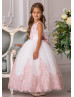 Blush Pink Lace Ivory Tulle Ankle Length Flower Girl Dress